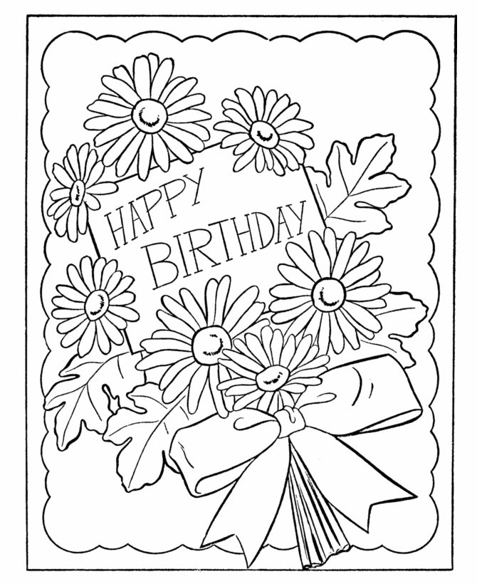 Coloring page of a birthday card with balloons and confetti design